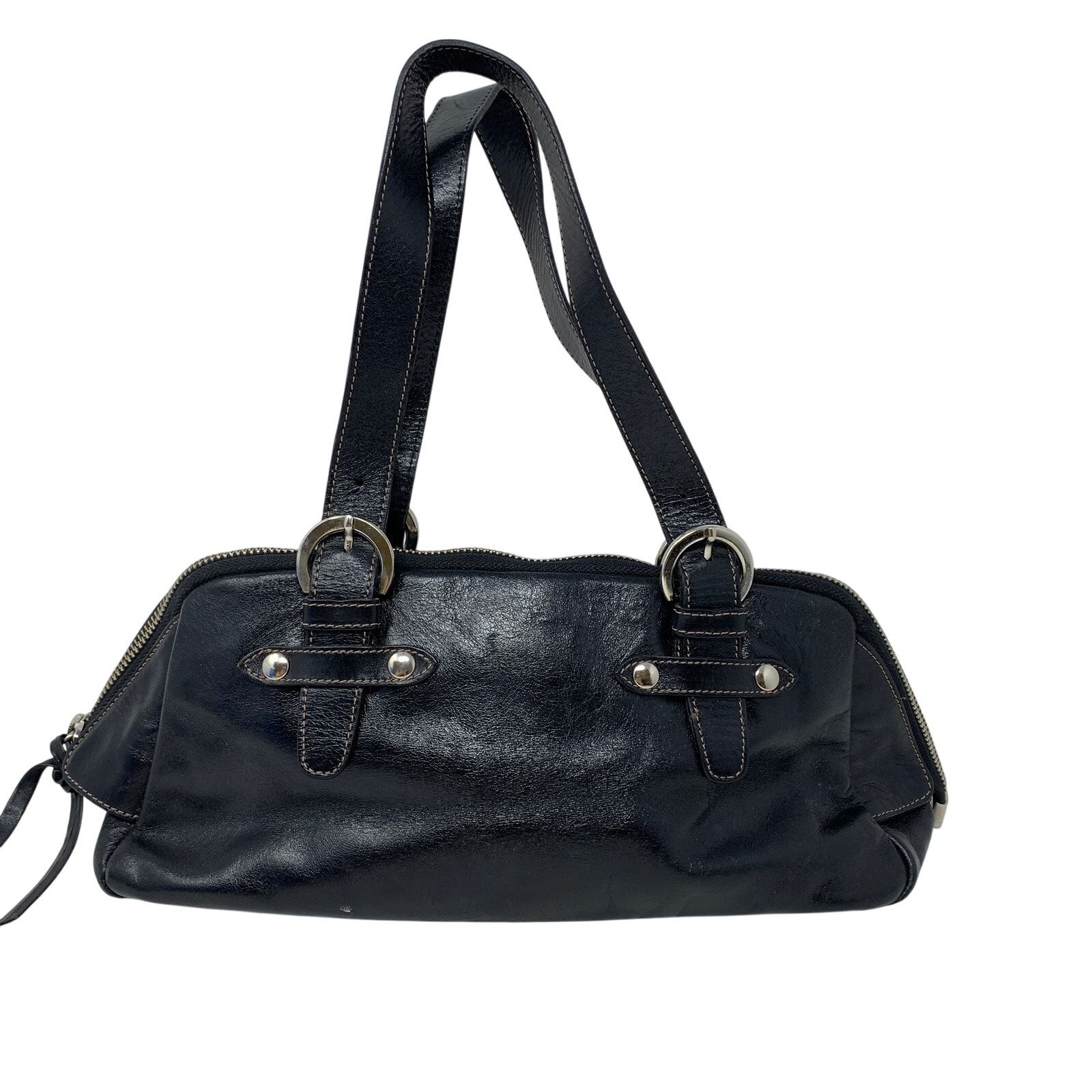 Almas Black Leather Satchel Shoulder Bag Y2k Buckle Studded Handbag Purse